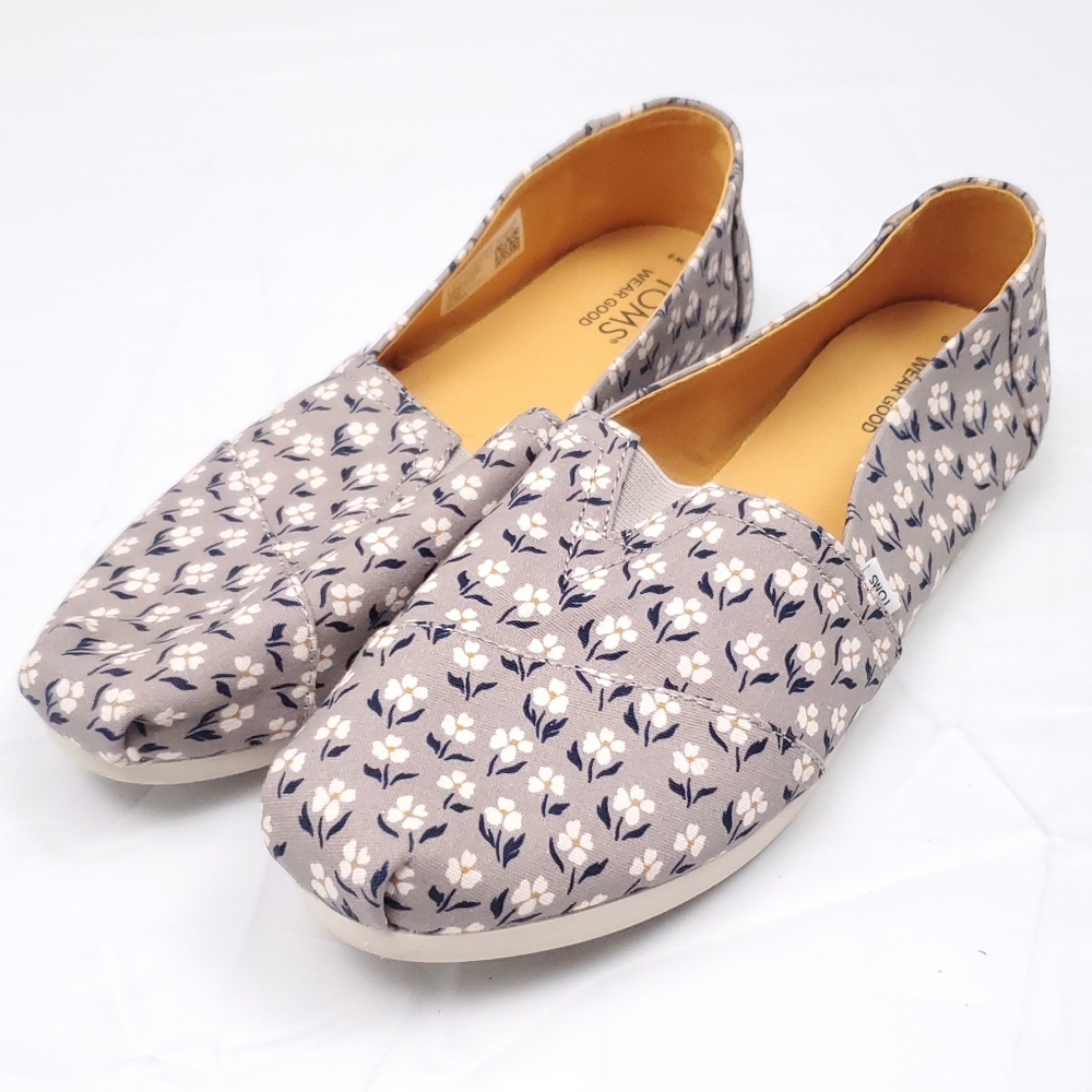 TOMS Women's Alpargata Vintage Gray Daisies Patterned Slip On Flats Size 9 - Picture 2 of 7